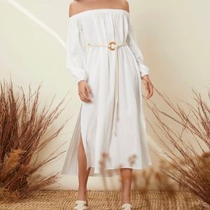 White Off-the-Shoulder Belted Dress
